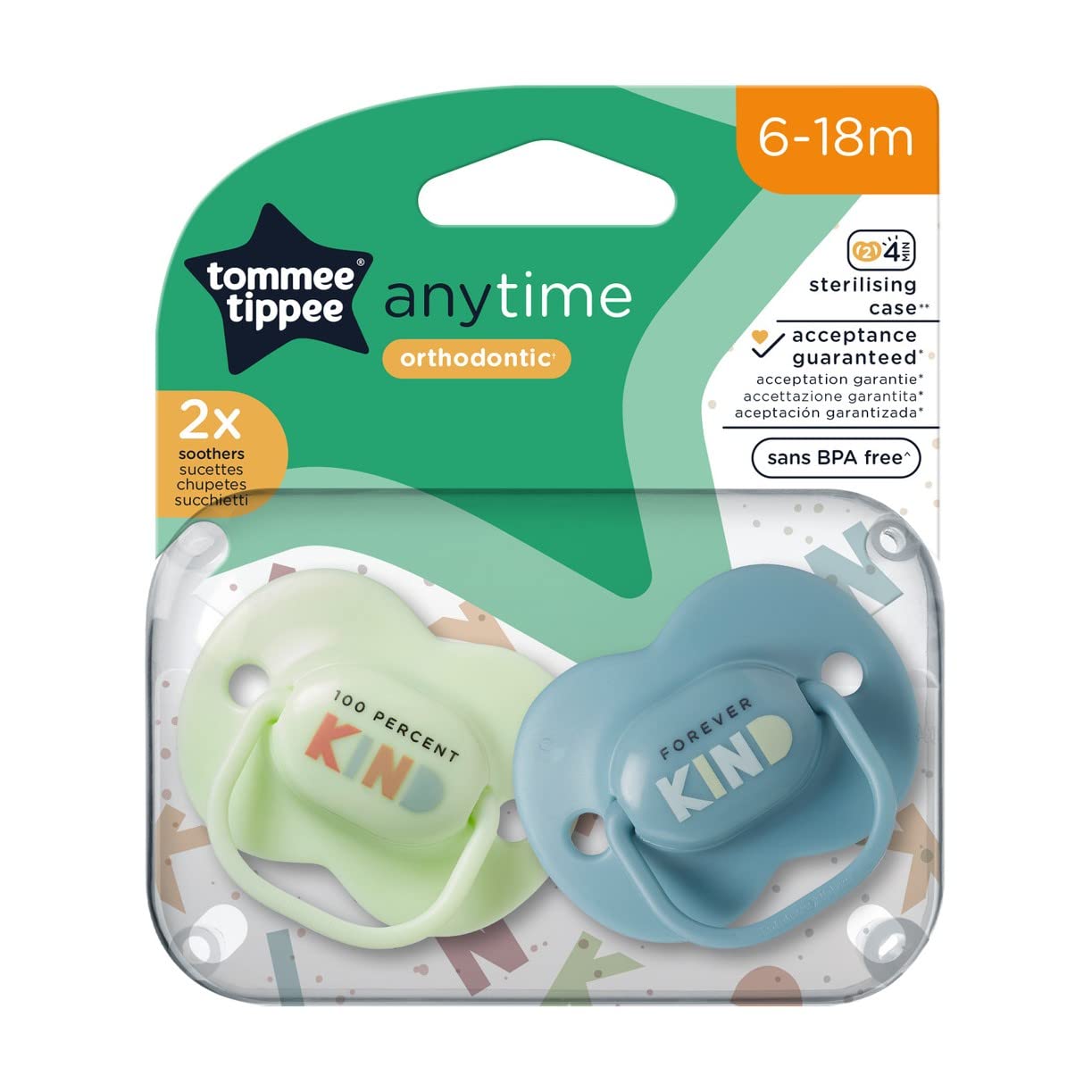 Tommee Tippee Anytime Soothers, Symmetrical Orthodontic Design, BPA-Free Silicone Baglet, Includes Steriliser Box, 6-18m, Pack of 2, Green
