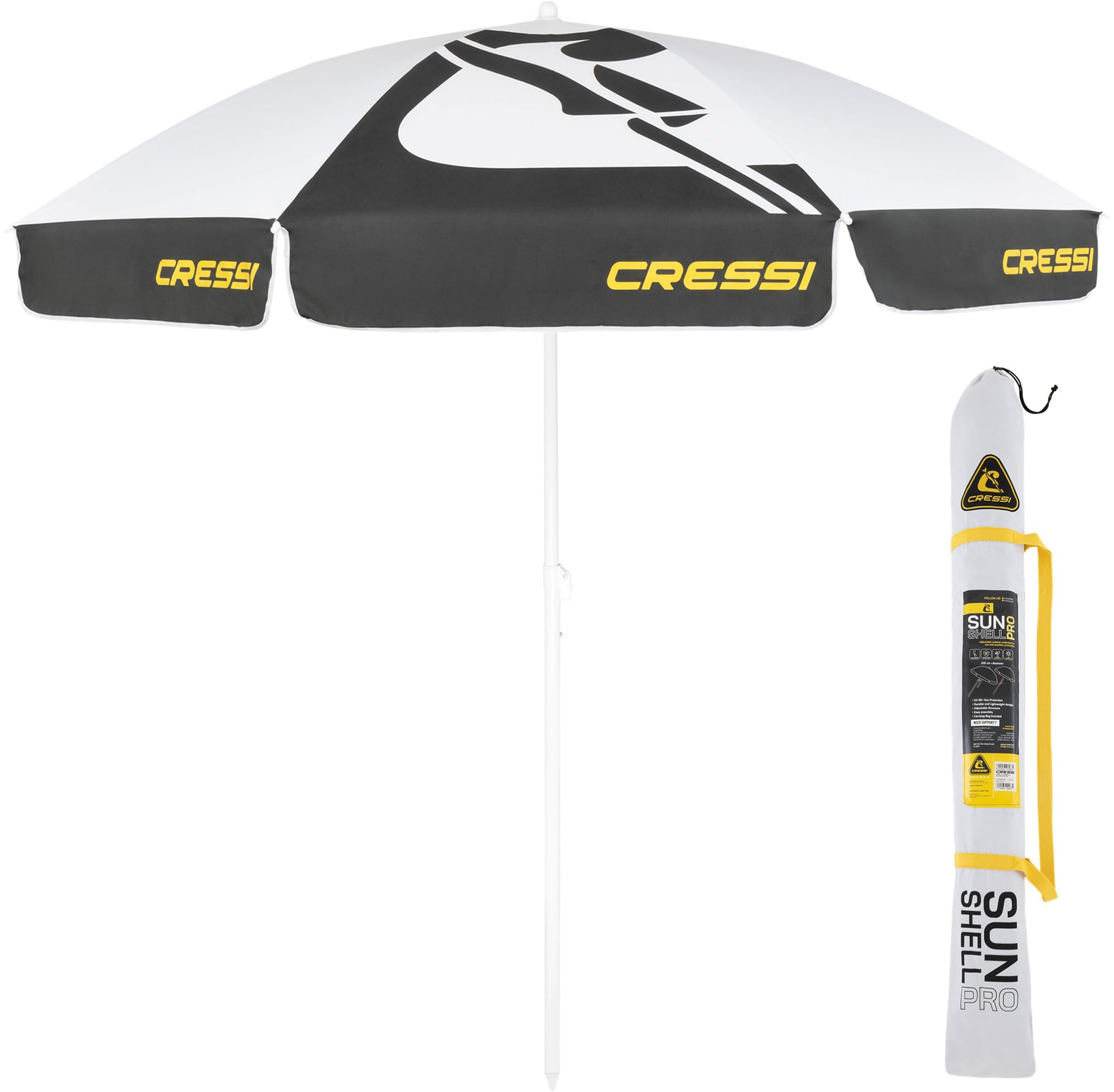 CRESSI Sunshell Pro Umbrella White/Black/Yellow - Lightweight and Portable Outdoor Parasol, Adjustable and Inclinable to Protect You from the Sun and Bad Weather, Ø 220cm, Unisex