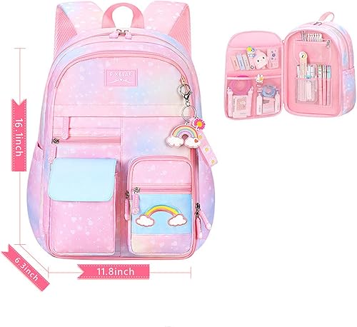 Miniatura 6 de Mochilas para niñas, mochila juvenil para niñas, mochila para niños con compartimentos, bolsa de escuela primaria para niñas, Rosado, Mochilas tipo
