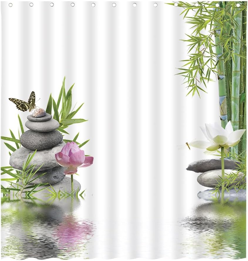 Spring Landscape Shower Curtains Green Bamboo Lotus Butterfly Dragonfly Japanese Meditation SPA Themed Bathroom Decor Polyester Fabric Hanging Curtain Sets 87x70 Inch with Hook