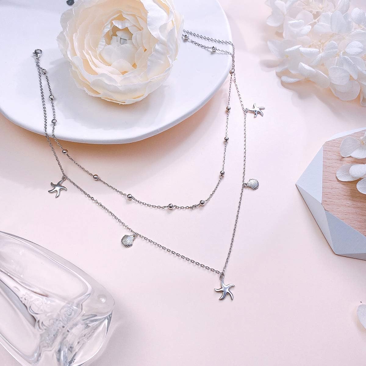 S925 Sterling Silver Starfish Shell Layered Choker Necklace for Women Dainty Chain Jewelry Gifts for Lover Mom