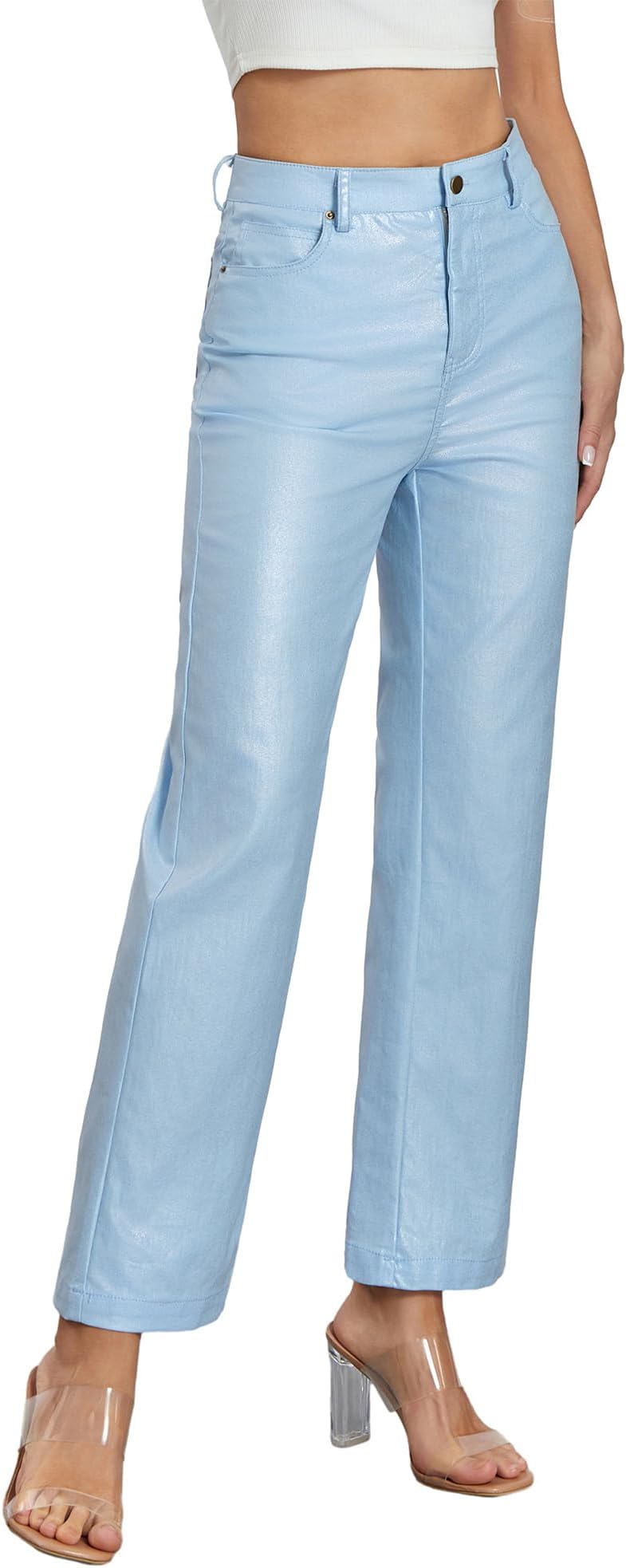 Women's Metallic Shiny Casual Pants Solid Color High Waist Disco Straight Leg Trousers