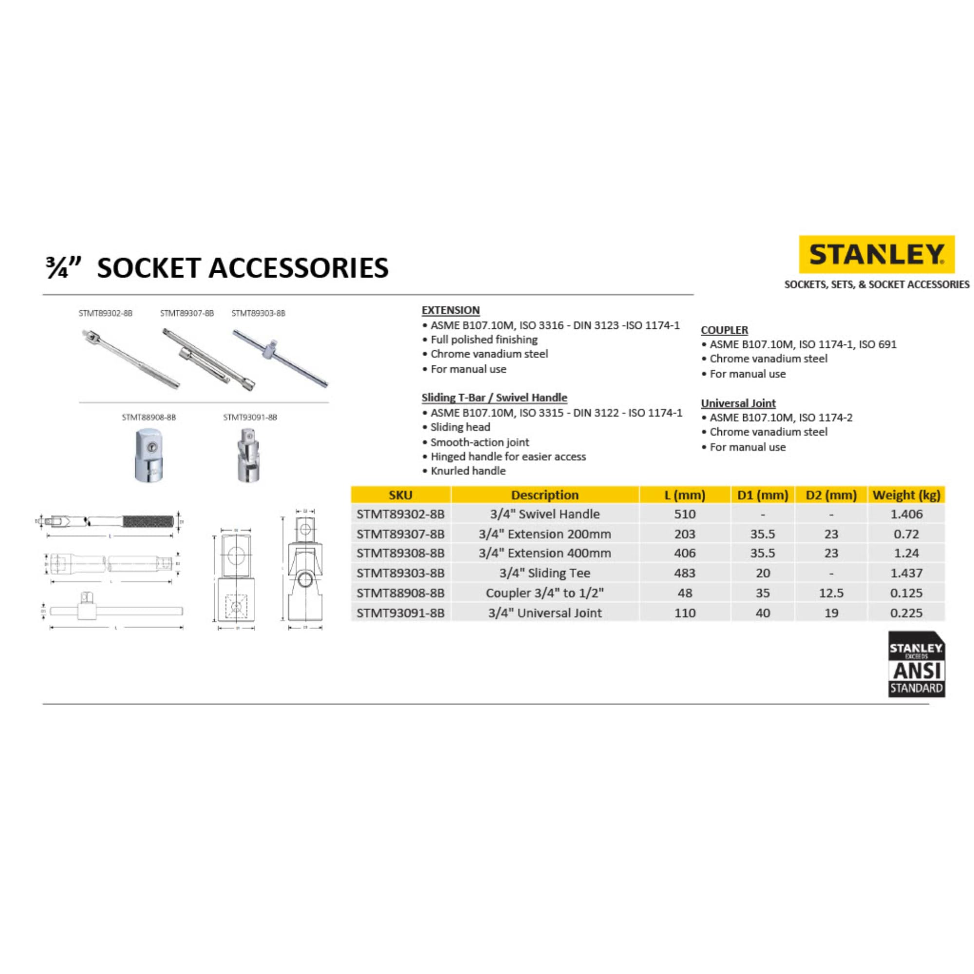 STANLEY STMT88908-8B-12 3/4" F *1/2" SQ. Adapter Drive 3