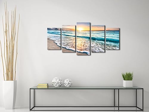 Miniatura 4 de Pyradecor 5 paneles azul playa amanecer ola blanca imágenes pintura sobre lienzo arte de pared moderno paisaje marino Giclée impresiones sobre