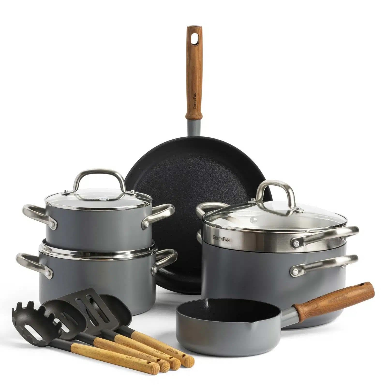 GreenPan Mayflower Pro 13 Parça Pişirme Seti – Thermolon™ Infinity Pro Yapışmaz, PFAS’sız, İskandinav Tasarım, Ahşap Saplı