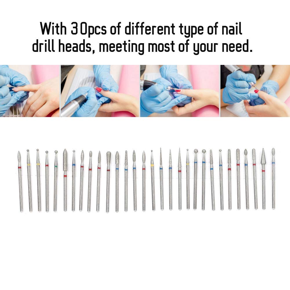 30Pcs/Set Punta per trapano per unghie Testa di smerigliatura per diamanti Trapano per nail art Kit testa smalto Trapano per unghie Accessori per macchine per nail art(A)