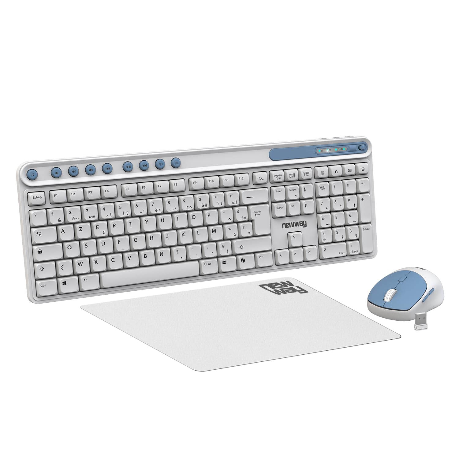 NEWWAY NKMP252 - Teclado inalámbrico de 2,4 GHz, AI Copilot – AZERTY francés – Golpe silencioso, 14 teclas multimedia, ratón ligero con 6 botones, alfombrilla de ratón incluida, larga duración (blanco