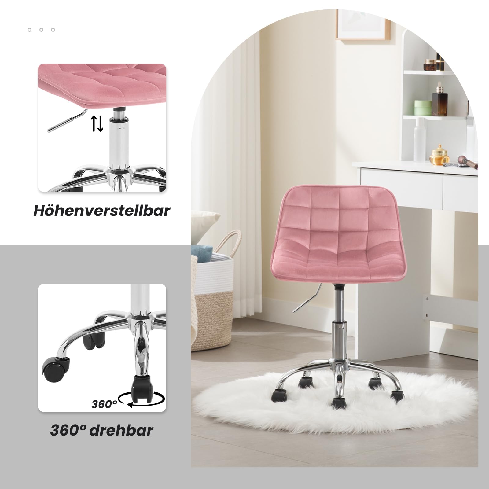 WOLTU Schreibtischstuhl Kinder, Schminkstuhl, Drehstuhl Samt, Rosa