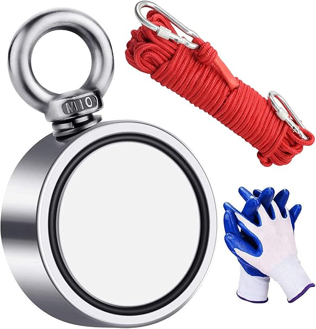 Magnet Fishing, Fishing Magnet, 1000 lb(454 kg) Pulling Force Double Sided Strong Neodymium Magnet Fishing Kit with Rope and Gloves, Perfect for Magnet Fishing and Salvage in River - 75mm Diameter