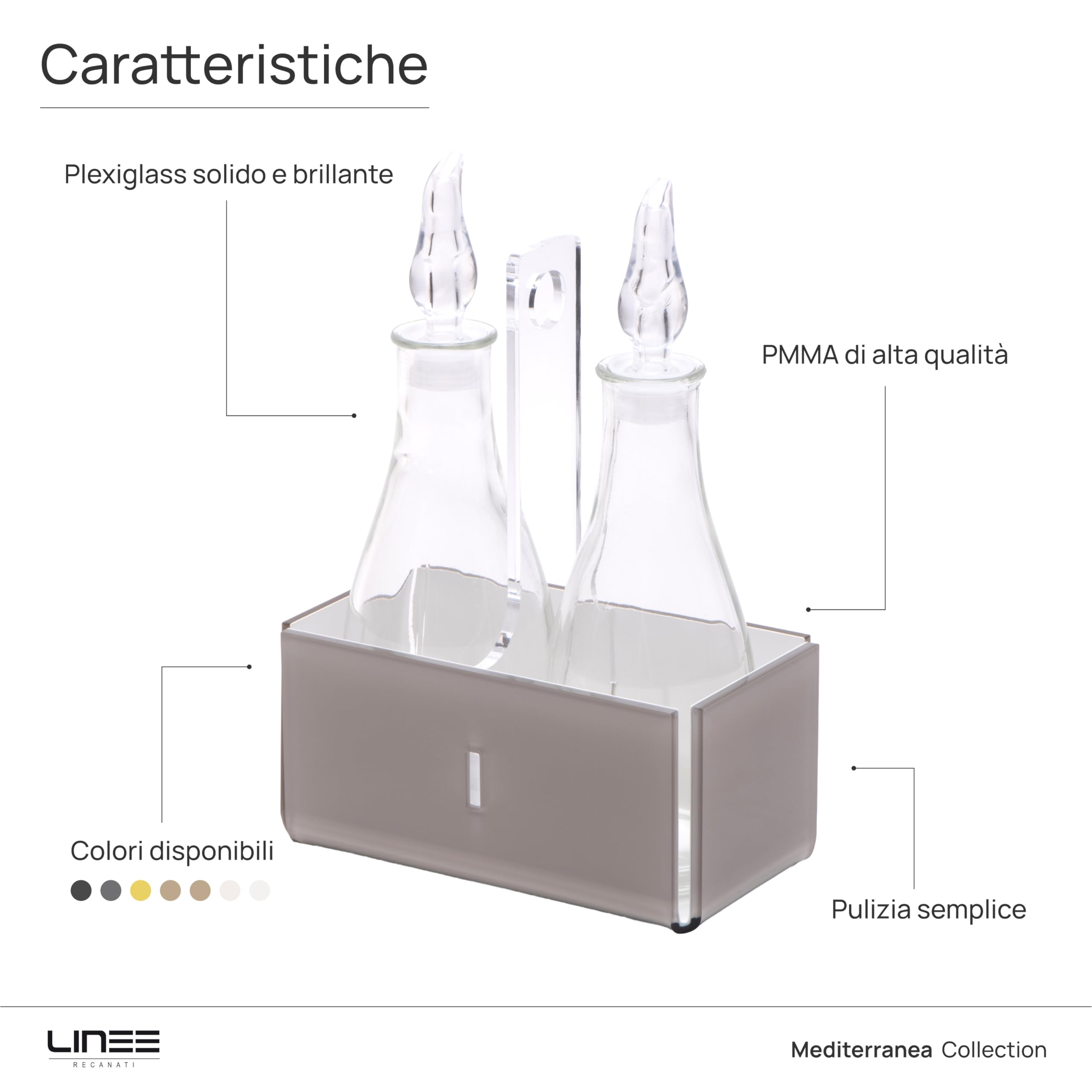 LINEE Recanati MEDITERRANEA Porta Olio e Aceto – Set Condimento in PMMA e Vetro 18x10x23 cm – Eleganza Contemporanea per la Tavola – Made in Italy (Sabbia Trasparente/Bianco)