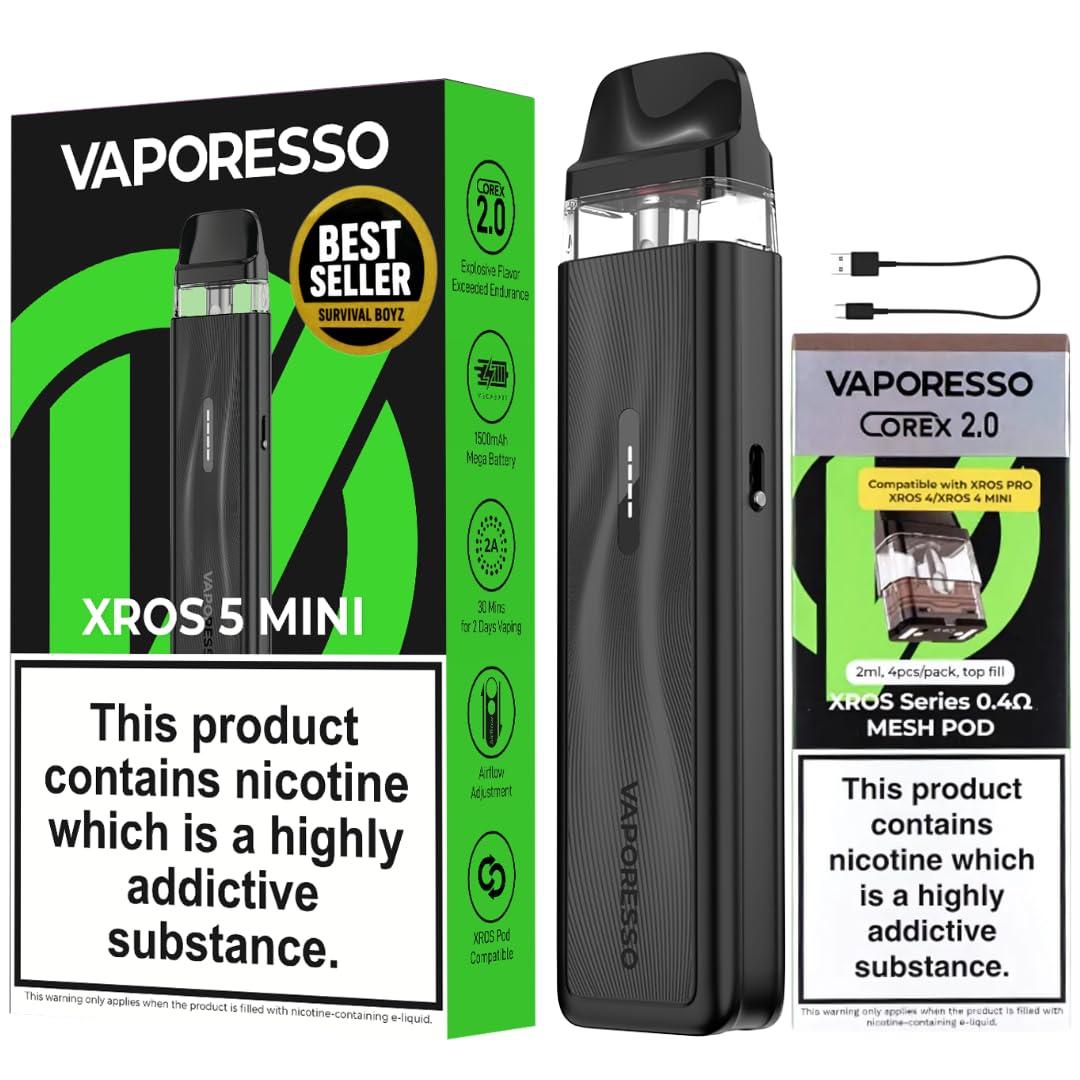Vaporesso XROS 5 Mini Vape Kit [Black + 4x 0.4 Pods]  1500mAh Mega  Battery, 30W