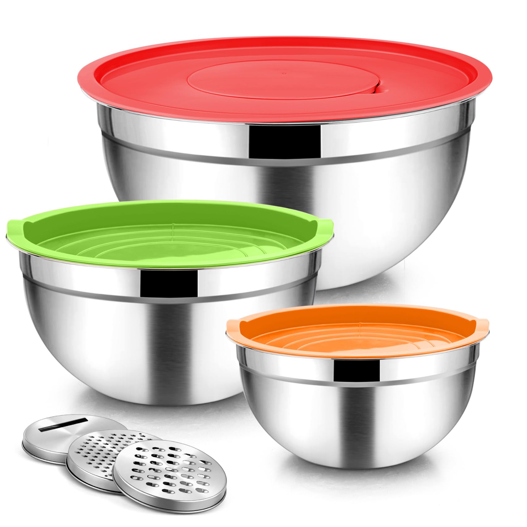 TeamFarMixing Bowls, Stainless Steel Nesting Salad Bowls with Lids Set & 3 Grater Attachments, For Mixing/Serving/Storing, Non-toxic & Long-lasting, Size 4.6/3 / 1.5 QT, Colorful