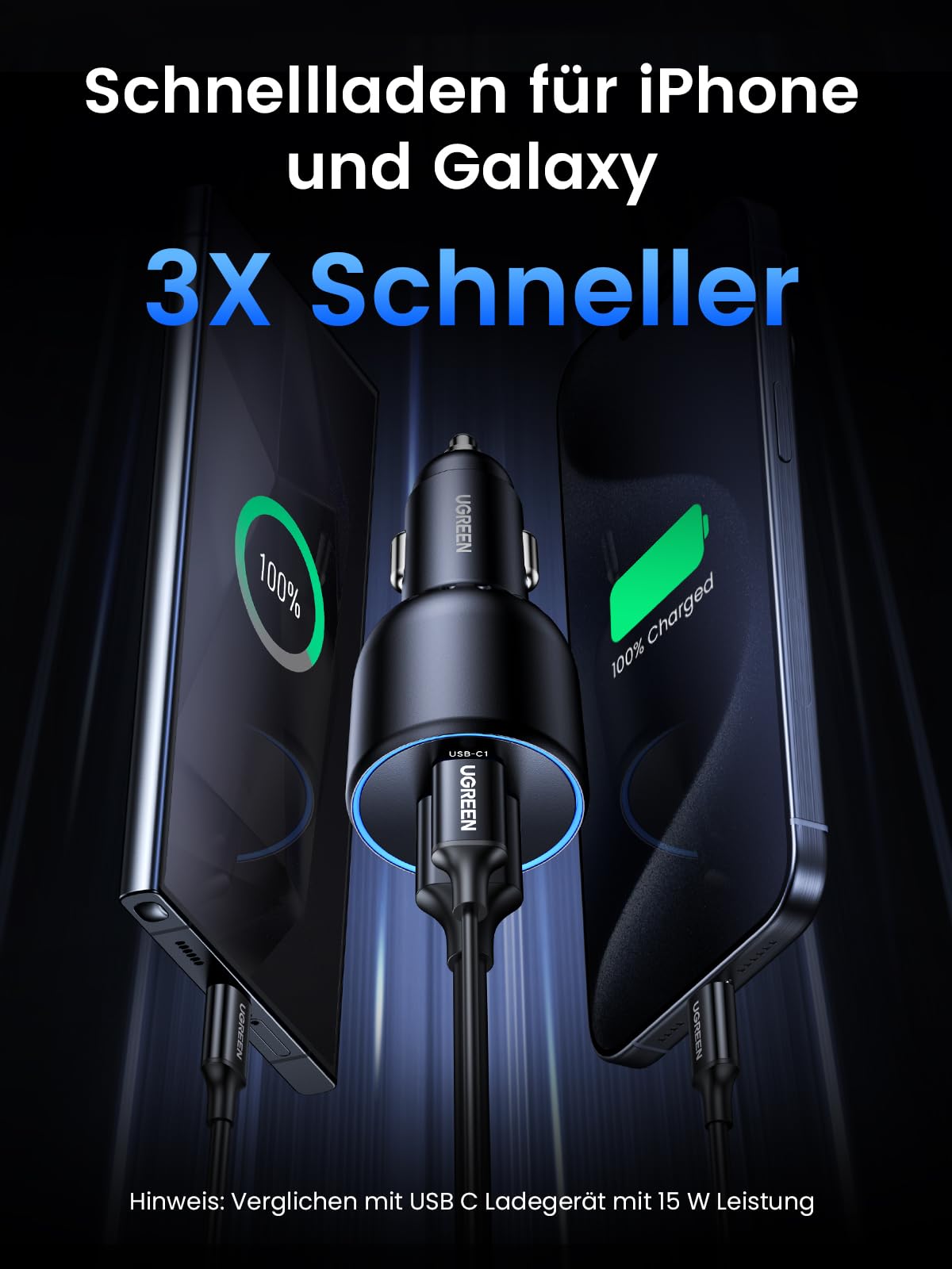 UGREEN 130W Zigarettenanzünder Schnellladen USB C 100W & 30W PD/QC Auto Ladegerät 3-Port 12V-24V KfZ Zubehör für MacBook Pro, iPhone 17/17Pro/17Pro Max/17 Air/16-12, iPad, Galaxy S25/S24