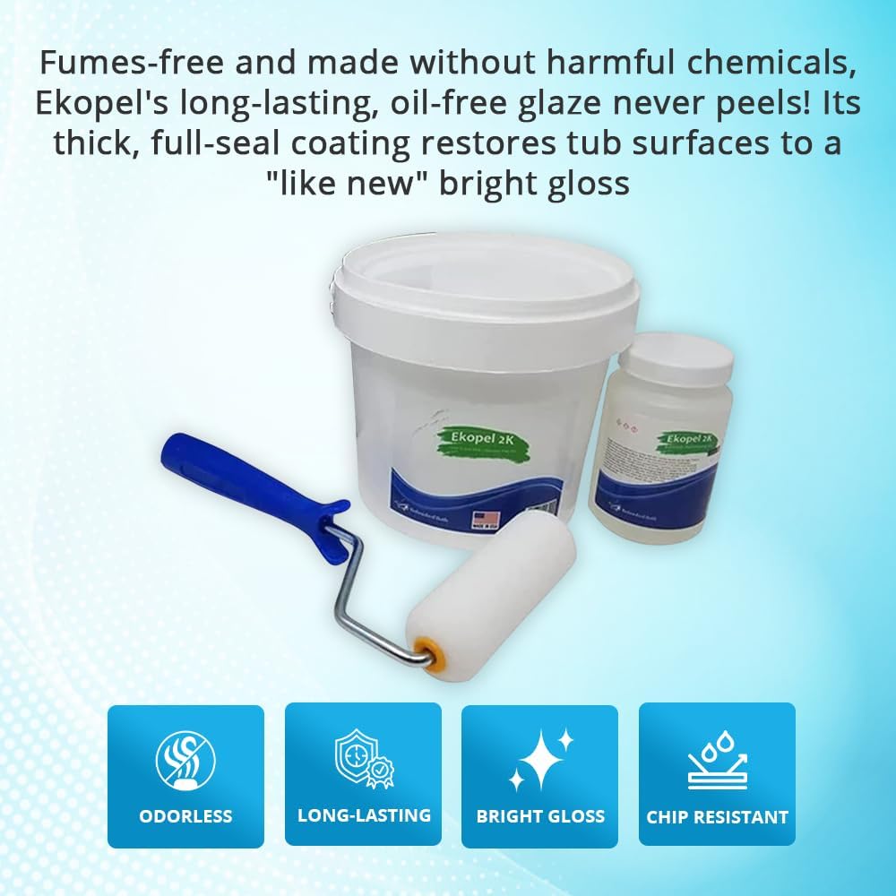 Ekopel 2K Bathtub Refinishing Kit - Pour On Bathtub Paint White Gloss Finish Kit, 1 Coat Odorless Sink and Bath Tub Paint – Long Lasting Never Peel DIY Glaze for Tub, Made in USA – Bright Gloss White - Image 3