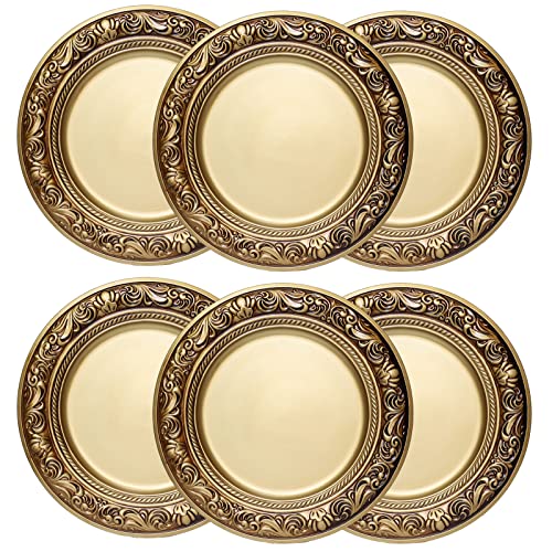 Spsyrine Antique Gold Charger Plates, Set Of 6 Baroque Plastic Chargers For Dinner Plates, Holiday Party, Events, Table Setting, 13" #TOP2