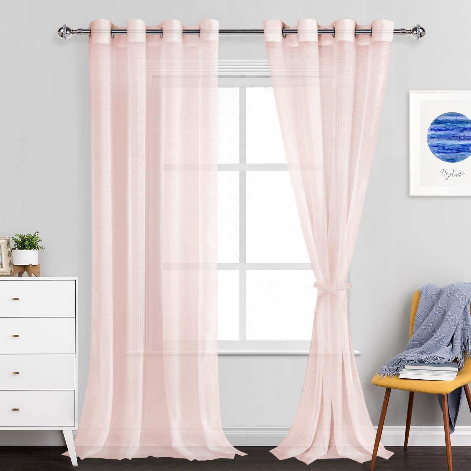 JIUZHEN Pink Sheer Curtains 96 Inches Long - Grommet Semi Transparent Light Filtering Window Drapes for Bedroom Living Room, 52Wx 96L, Set of 2 with Tiebacks