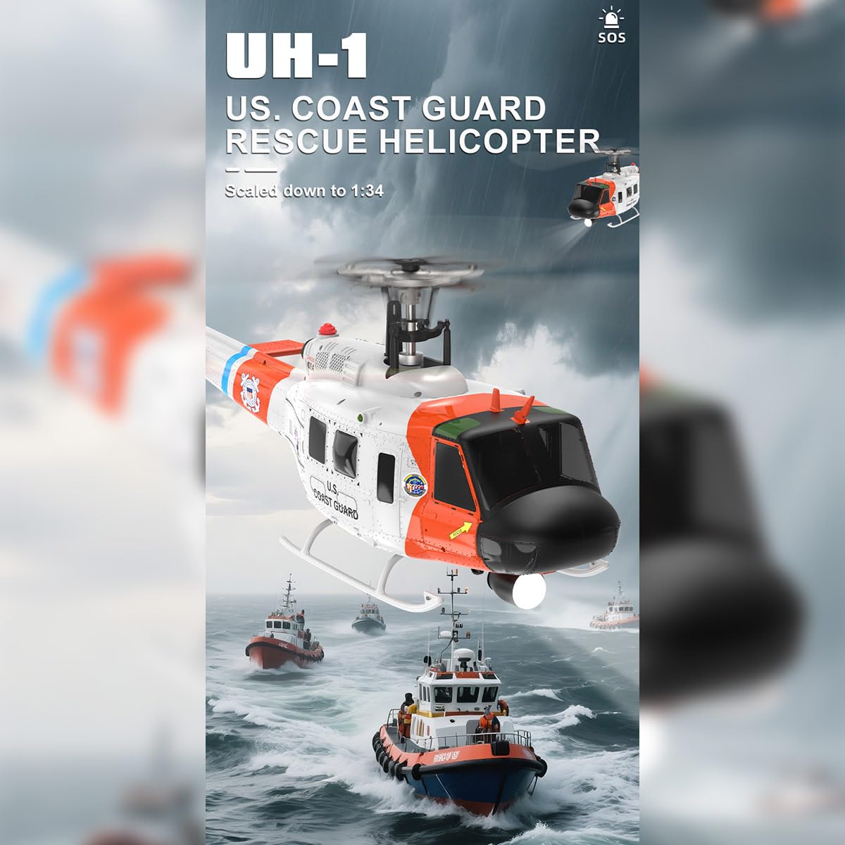 WOLFBUSH×YU Xiang F07S UH-1 Huey 1:34 RC-Hubschrauber, 2.4G 6CH Bürstenloser Direktantrieb, 6G Flybarless Hubschraubermodell mit GPS, Einstellbarer Gashebel für Links- Und Rechtshänder (RTF)