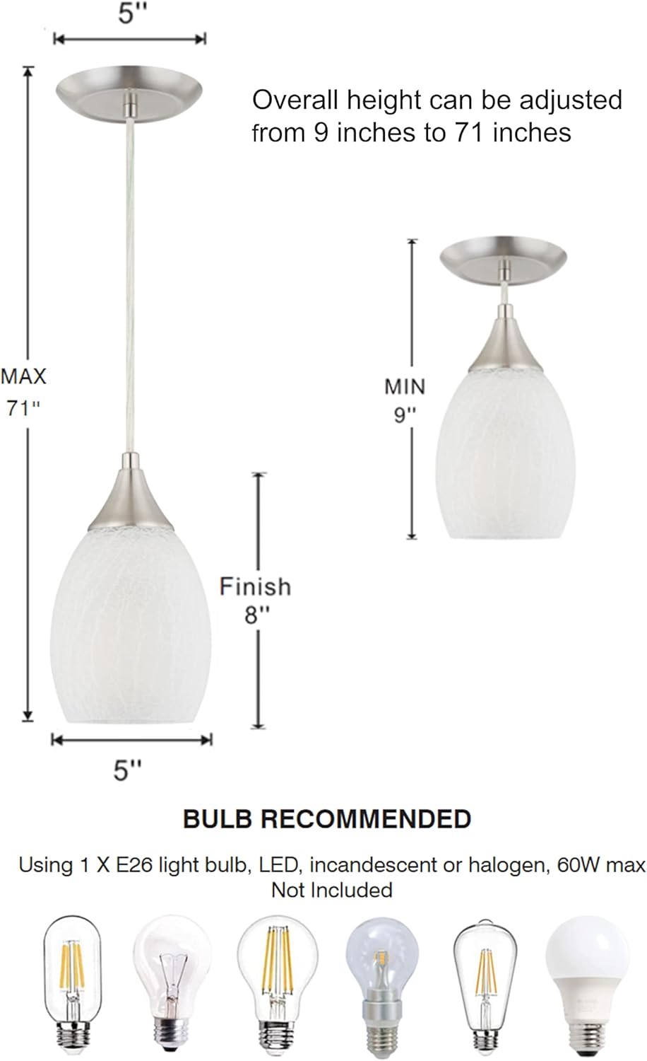 Glassland Pendant Lighting, 1 Light Mini Pendant Light in Brushed Nickel with Cracked Frosted Glass Shade, ETL Listed.