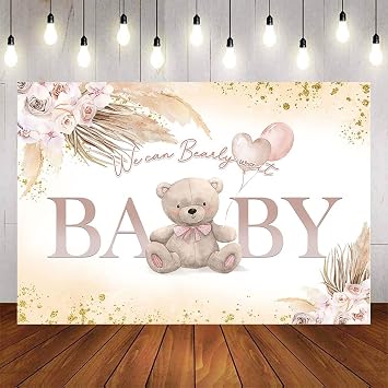 7x5ft Girl Bear Baby Shower Backdrop Boho Pampas Grass Pink Bear Baby Shower Background We can Bearly Wait Shower Decoration Supplies
