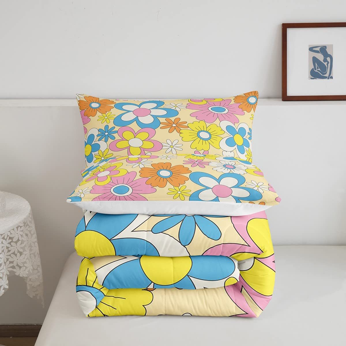 7-Piece King Size 70s Retro Floral Comforter Set - Includes Sheets, Shams & Pillowcases