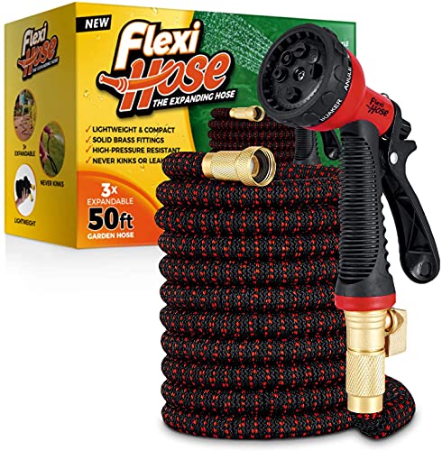 Flexi Hose with 8 Function Nozzle, Lightweight Expandable Garden Hose, No-Kink Flexibility, 3/4 Inch Solid Brass Fittings and Double Latex Core