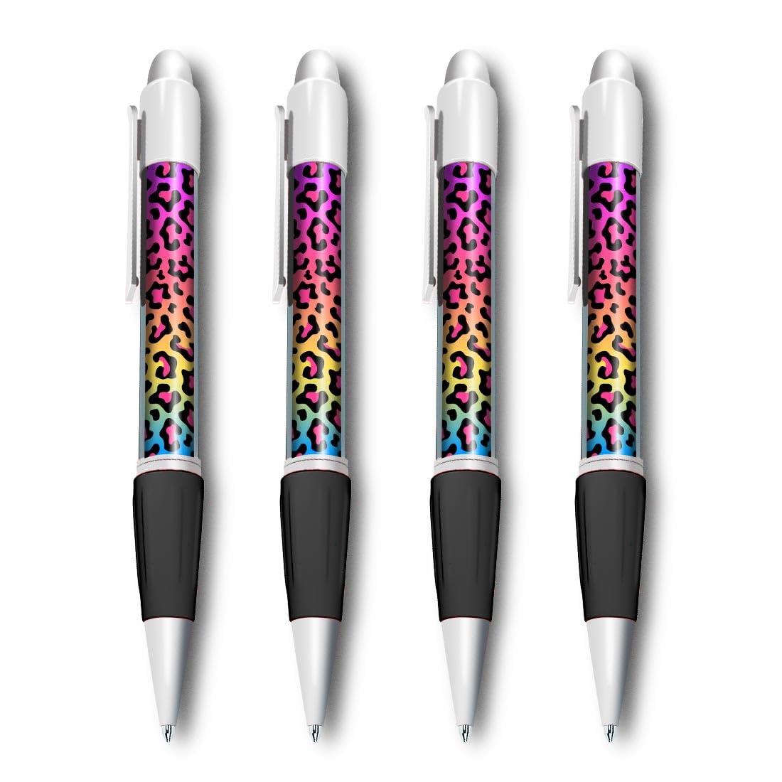 Set of 4 White Ballpoint Pens (Photo Insert) - Rainbow Coloured Leopard Print Pattern - Soft Feel Finger Grip #53341