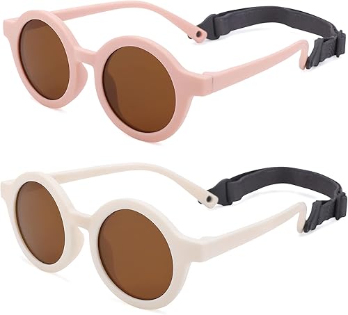 COASION Lentes de sol redondos polarizados para bebé, tonos de goma flexibles con correa para bebés recién nacidos de 0 a 24 meses