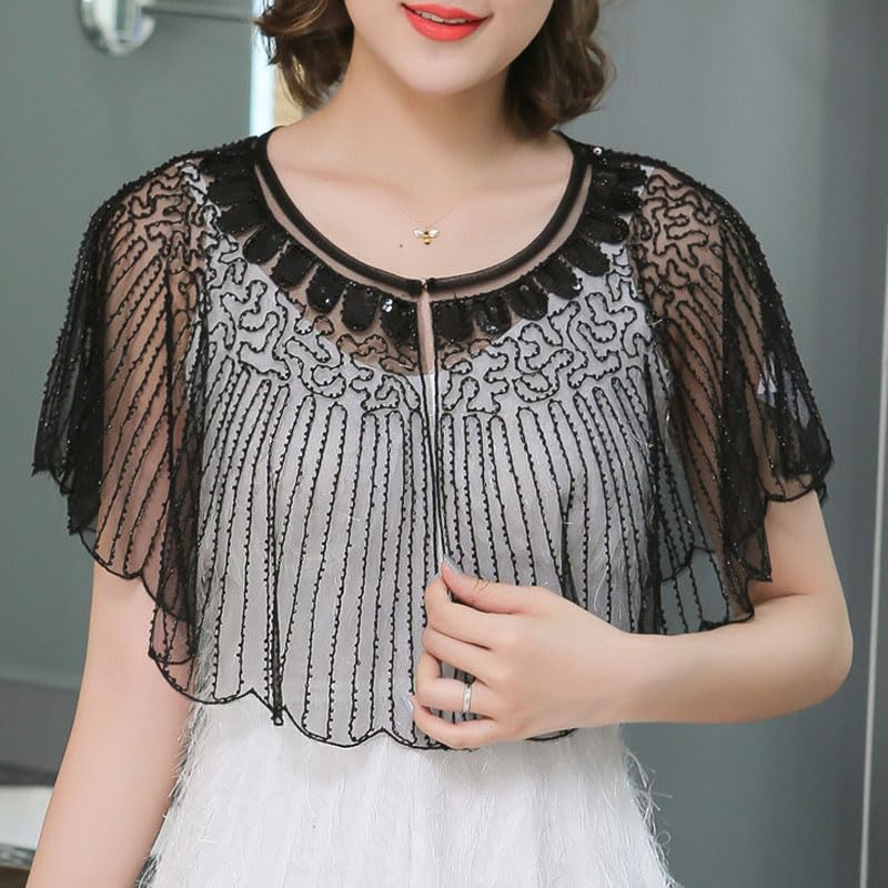 1Pcs Fashion Classic Lightweight Black Vintage Flapper Shawl Ruffles Beaded Embroidery Cape Sparkling Sequins Wrap for Dress Accessories2