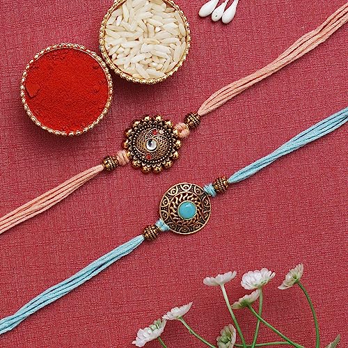 Image of eCraftIndia Set of 2 Yellow, White & Maroon Designer Diamond Rakhis with Roli Chawal Pack