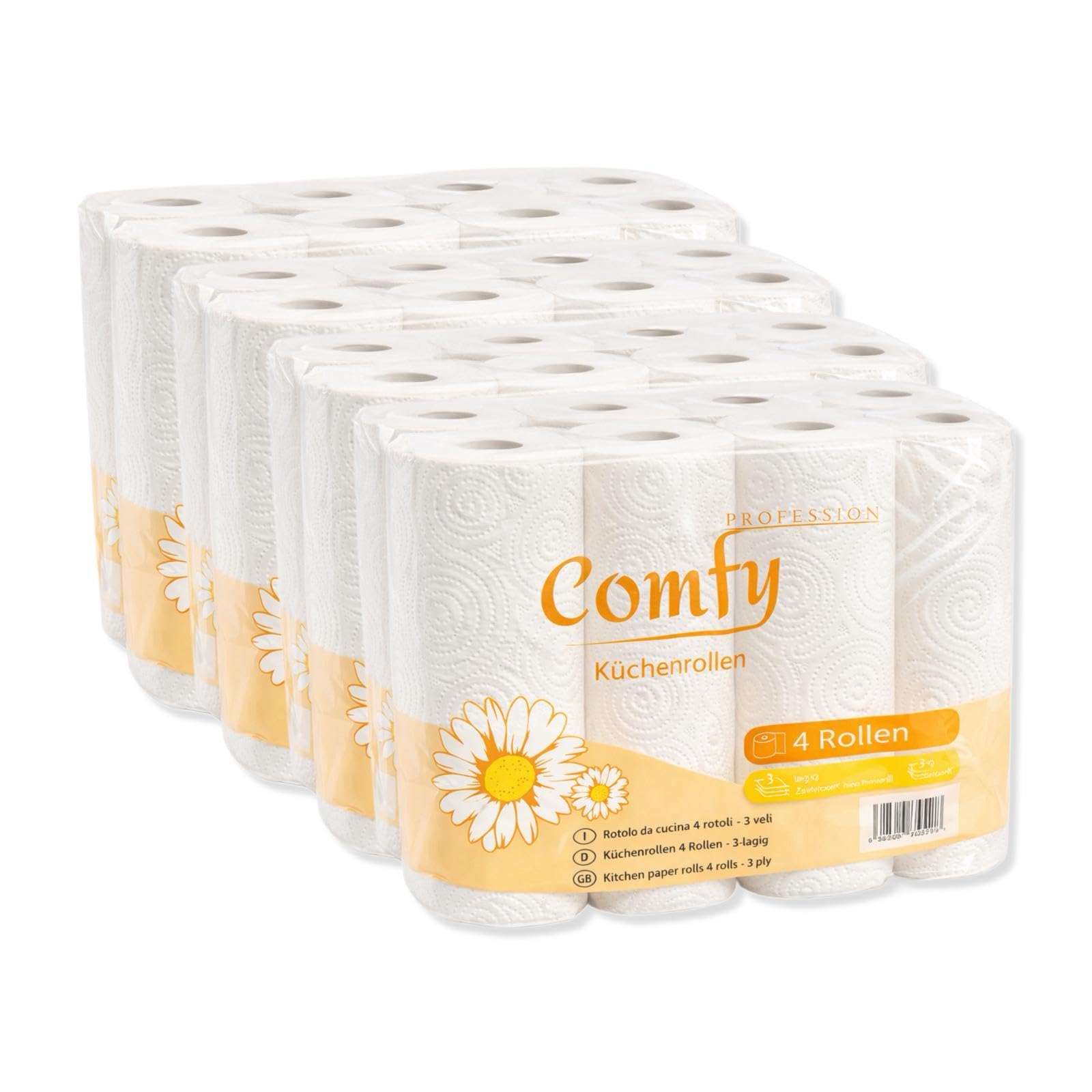 Comfy Küchenrolle 3-lagig – 32 Rollen (8×4), 50 Blatt pro Rolle, hochweiß & reißfest – Premium Küchenpapier
