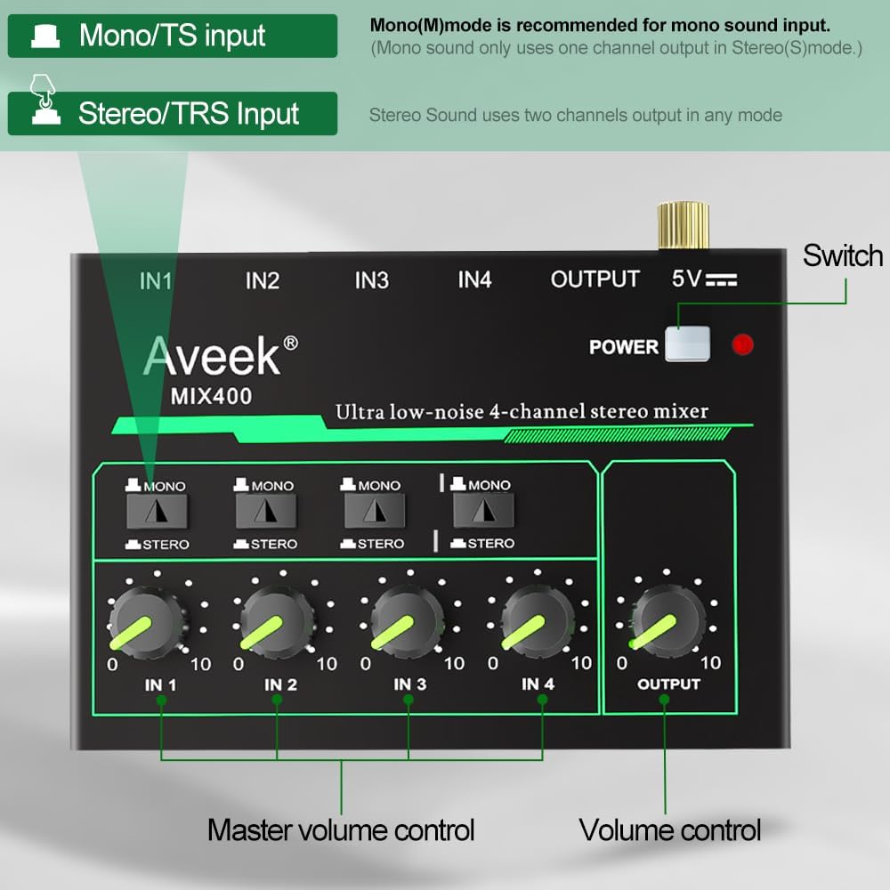 Aveek 4 Channel Mixer - Mini 4 Stereo Audio Mixer, Low-Noise for Precision Sub-Mixing,1/4" TRS Input/Output Ideal for Mics/Guitars/Bass/Stage - 3 x 4.4 x 1.3 inches
