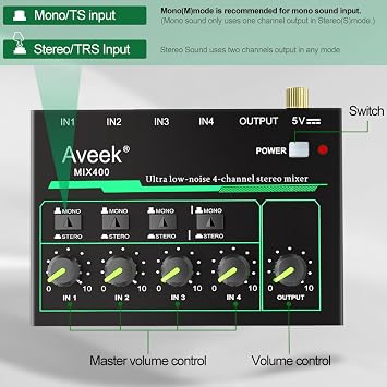 Aveek 4 Channel Mixer - Mini 4 Stereo Audio Mixer, Low-Noise for Precision Sub-Mixing,1/4 TRS Input/Output Ideal for Mics/Guitars/Bass/Stage - 3 x 4.4 x 1.3 inches