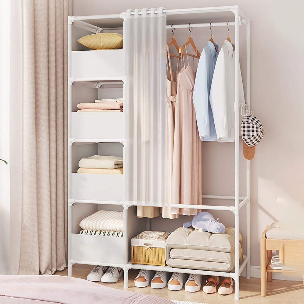 LONENESSL Heavy Duty Clothes Rail, Simple Wardrobe with Door Curtains, Metal Rack With Hanging Clothing Rail, Shoe Rack, Storage Shelves, 4 Coat Hooks, Stacking Area, for Bedroom Office Shop (WHITE)