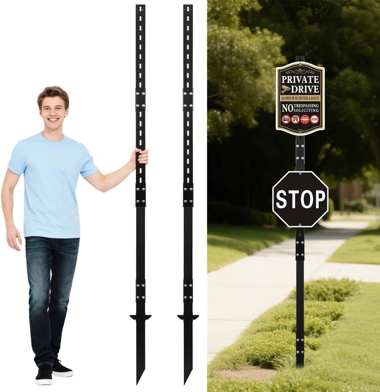 2 Pack Heavy Duty 8ft Tall Metal Yard Sign Stakes, 6.6 lb Road Sign Post with Black Powder Coating, for Outdoor Events, Parking, Garage, Bar, Lawn, Fits Signs 7 to 18 Inch