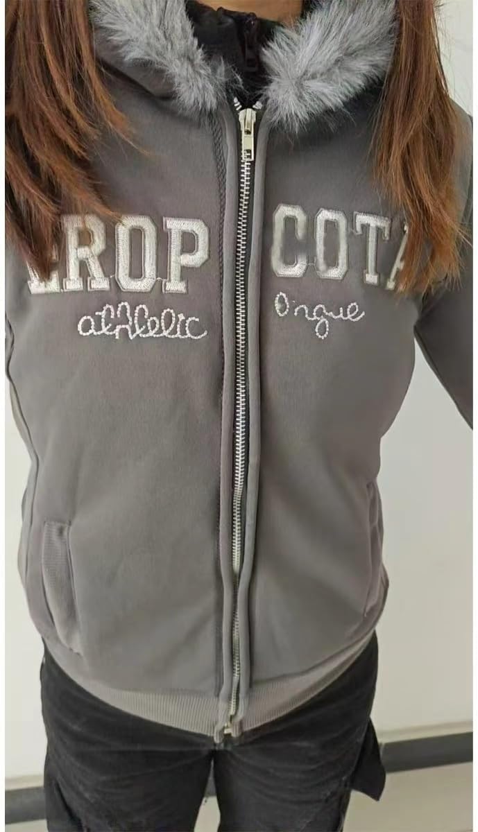 Y2k Zip up Hoodie Fur Jacket Emo Grunge Crop Winter Coats Teen 2000s Vintage Clothes Women Streetwear - Image 7