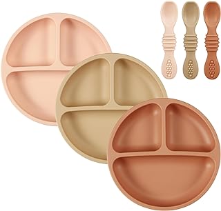PandaEar 3 Pack Toddler Plates with 3 Spoons, 100% Silicone Divided Suction Plate for Babies, BPA-Free, Dishwasher and Microwave Safe -Baby pink/Light brown/Brick red