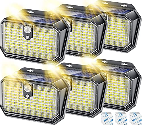 Biling Solar Motion Sensor Lights Outdoor, 202 LEDs Solar Security Light with Motion Sensor, IP65 Waterproof Solar Powered Wall Lights with 3M Tape for Deck Fence Porch Garden Yard Garage (6 Pack)