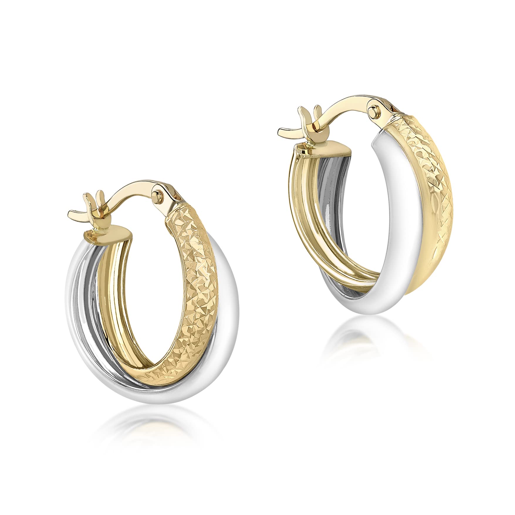 Damen 2-farbig 5.5 mm x 15 mm Diamantschliff Übergang Kreol Ohrhänger 9k (375) Gold
