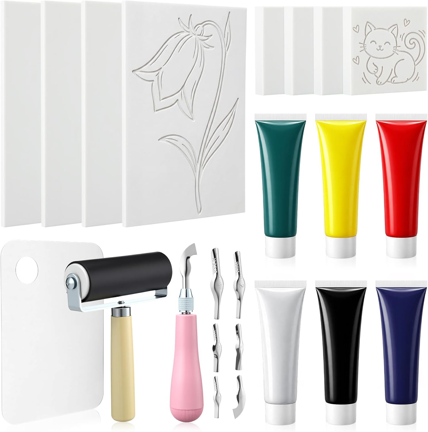 Qeeenar 17 Pcs Linocut Kit for Printmaking with 8 Pcs Soft Rubber Linoleum Blocks, Brayer and Carving Tools, Block Printing Stamp Making Supplies Hobby Birthday Gift for Beginners Artists Adults