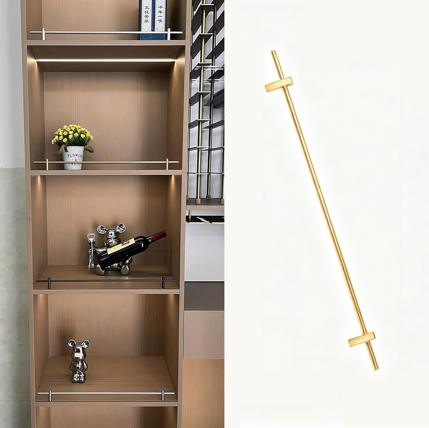 Usknxiu Metal Shelf Rail for Wood Shelves, 42 41 40 39 38 36 30 28 24 20 16 14 12 10 8 Inch Aluminum Alloy Anti-Fall Guard Fence, Brass Rails for Shelves and Kitchen Cabinets,Gold,26in/66cm,6