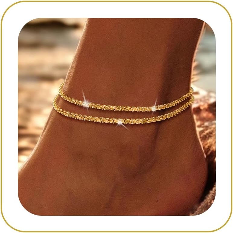 Robaice Gold Plated Ankle Bracelets for Women, Glitter Waterproof Adjustable Anklet for Women, Layered Summer Beach Anklets Jewelry for Women Gift