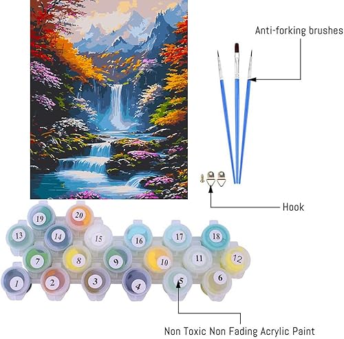 Miniatura 3 de Pintura de paisaje por números para adultos, pintura de cascada por números para adultos principiantes, pintura acrílica colorida por número,