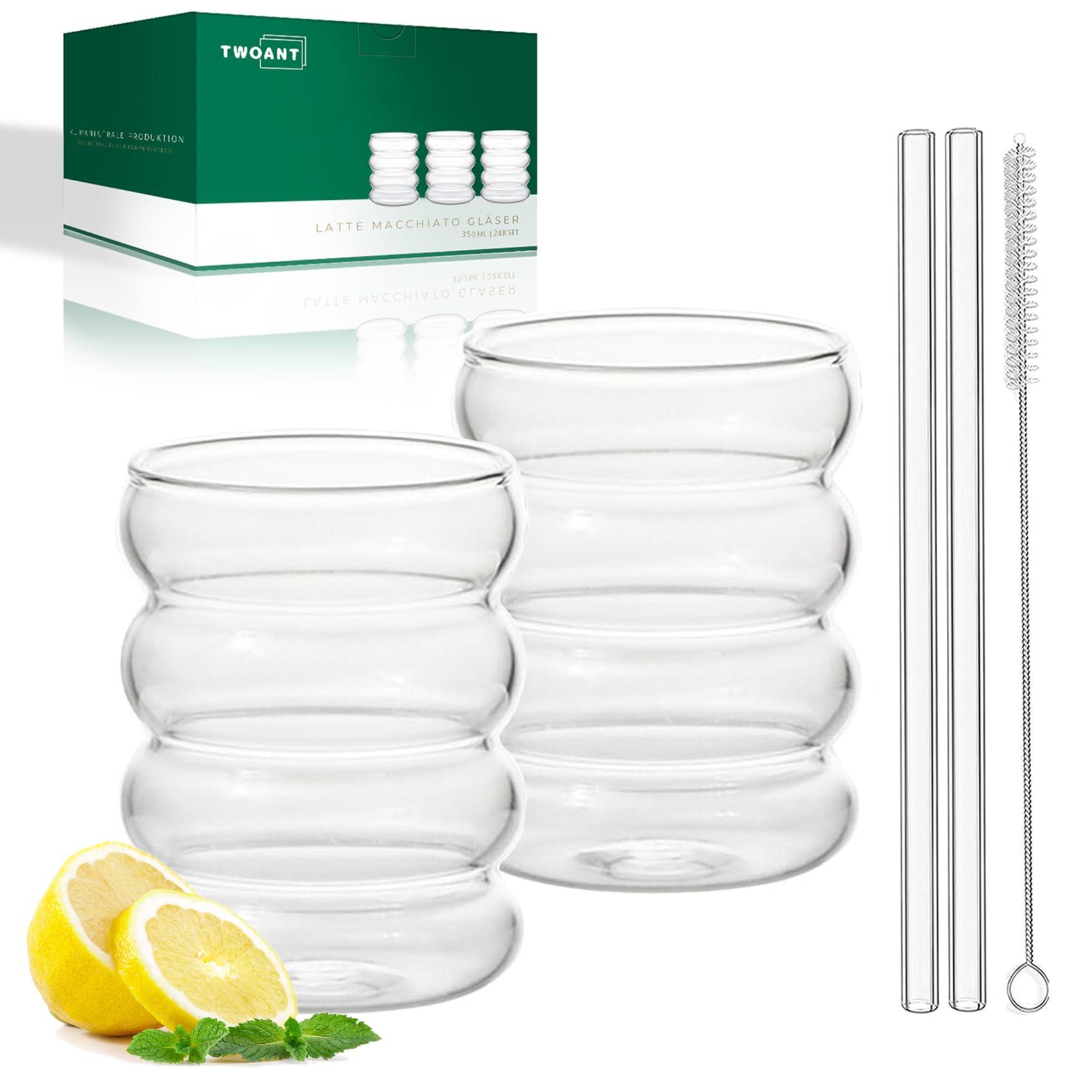 twoant Ribbed Drinking Glasses Set (2 x 350 ml), Water Glasses, Cocktail Glasses, Drink Glasses, Iced Coffee Glasses, Glass Juice Glasses, for Water, Drink, Juice, Universal Glasses โ image 1