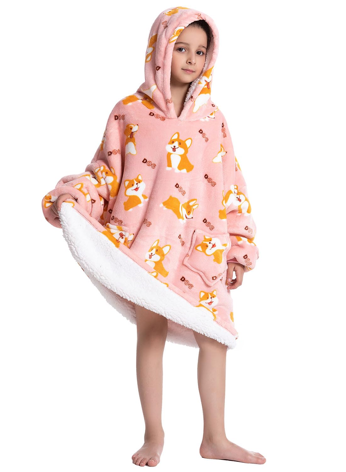 Wenlia Bluza z Kapturem Oversize - Dla Dorosłych, Dzieci, Małych Dzieci, Sherpa, Flanela, Ogromna Pluszowa, Dopasowana, Gruba, Dla Rodziny, Corgi 7-13