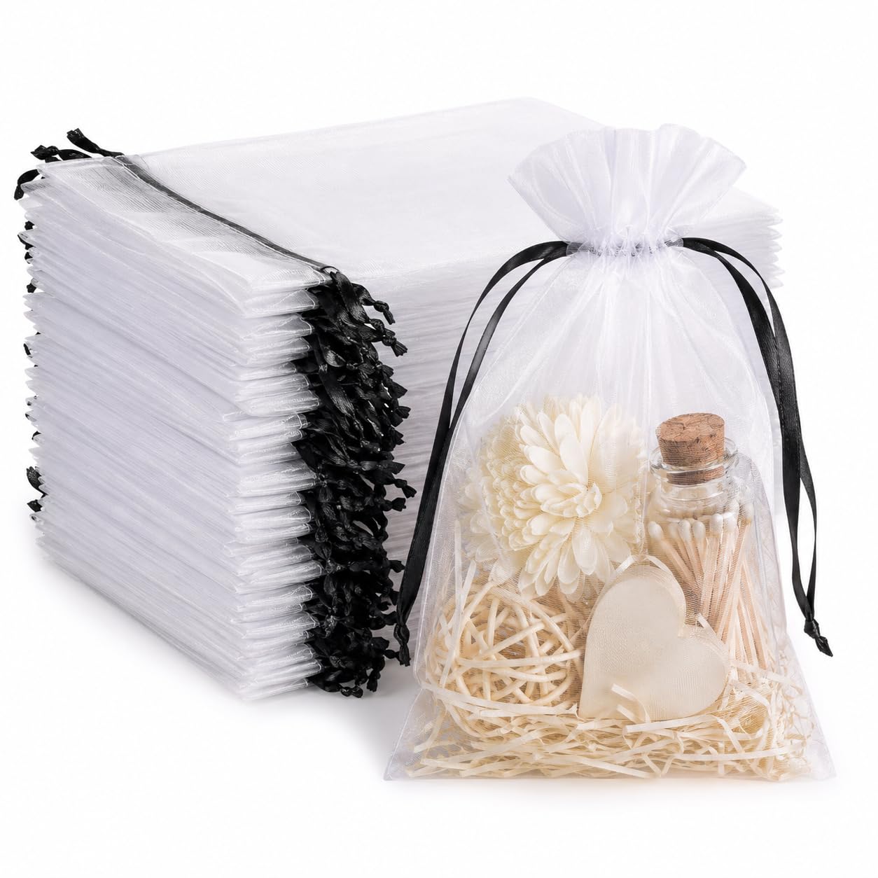 Hopttreely White Organza Bags with Black Drawstring, 5x7 Inch 50 Pack Sheer Mesh Gift &amp; Favor Bags for Party Wedding, Christmas, Sachet, Small Business, Fruit Protection Netting