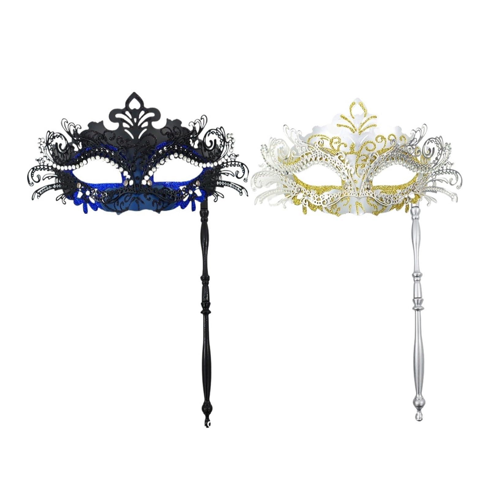 MLYPRU Masquerade Mask for Women with Stick, Masquerade Ball Masks with Rhinestones Couples Mardi Gras Mask for Halloween Venetian(Set E)