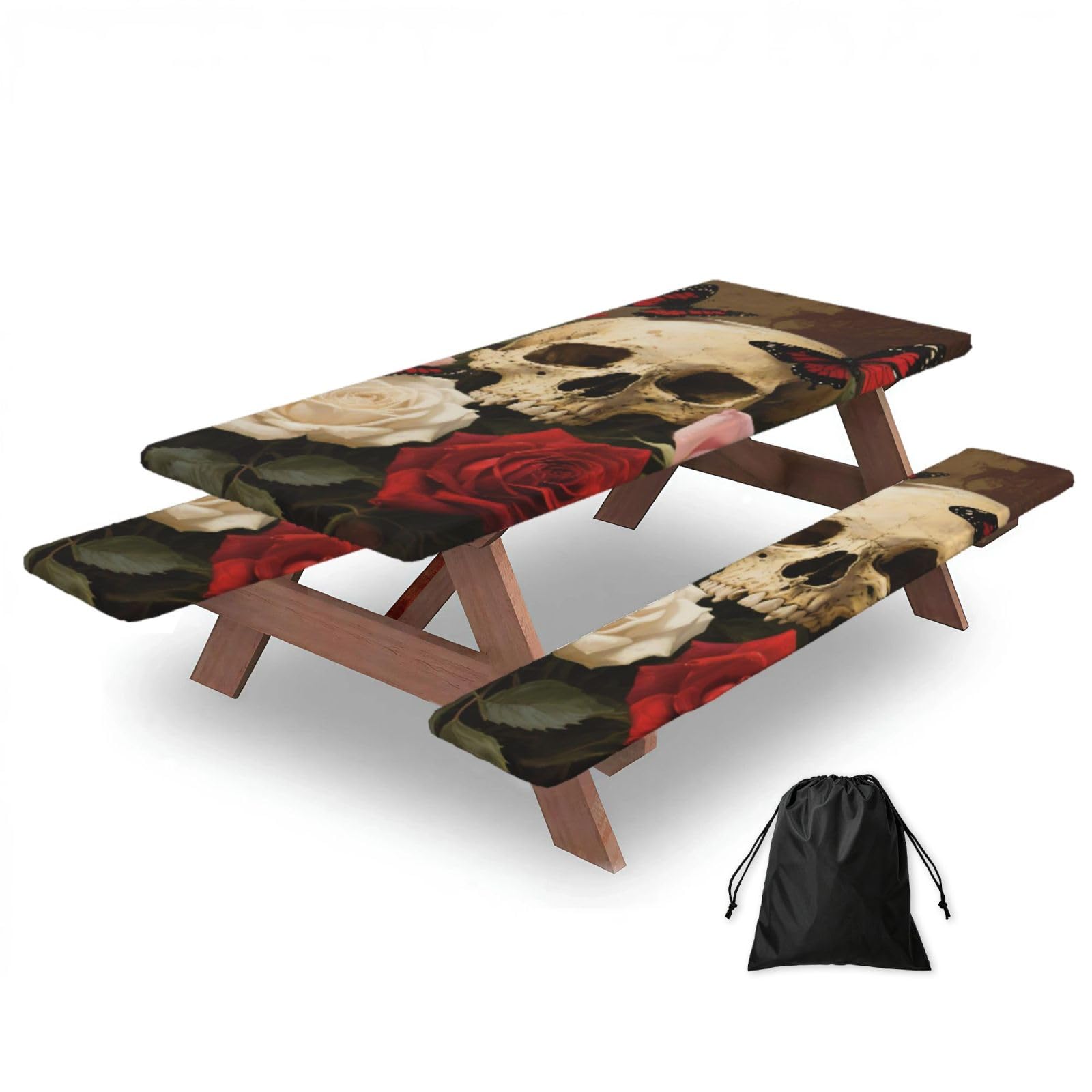 FekiLoot Rose Skull Picnic Table Cover with Bench Covers and Bag, Windproof Waterproof Rectangle Tablecloth with Elastic Edges Fitted Camping Table Covers for Picnic Party Travel