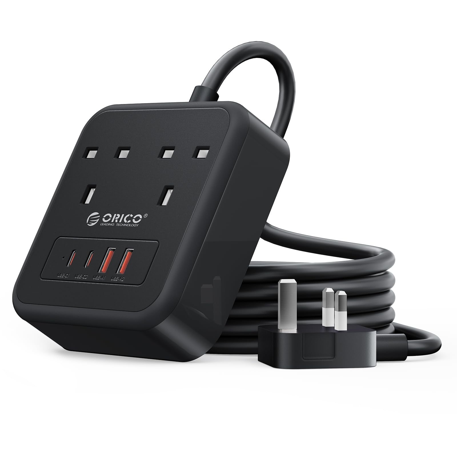 ORICO 1.5M Extension Lead with USB Slots, PD 20W USB C Charger Black