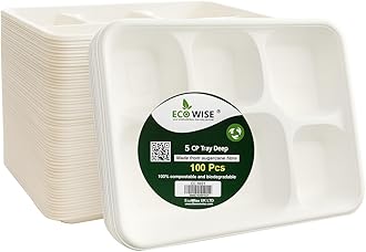 Best House EcoWise 100% Compostable and Biodegradable 5 Compartment Dinner Plates, 5CP Food Tray, Eco-Friendly Sugarcane Paper Trays (Pack of 100 PCS)