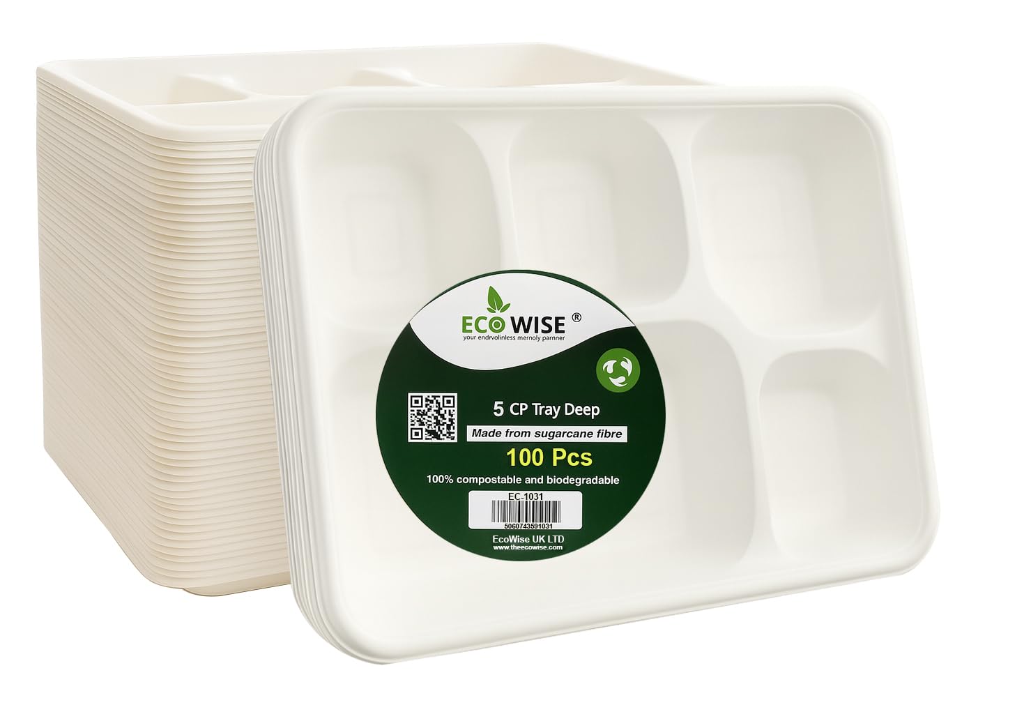 Best House EcoWise 100% Compostable and Biodegradable 5 Compartment Dinner Plates, 5CP Food Tray, Eco-Friendly Sugarcane Paper Trays (Pack of 100 PCS)